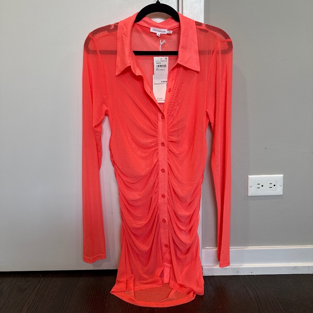 GOOD AMERICAN Bright Orange Sheer Button-Up Dress - Cover up